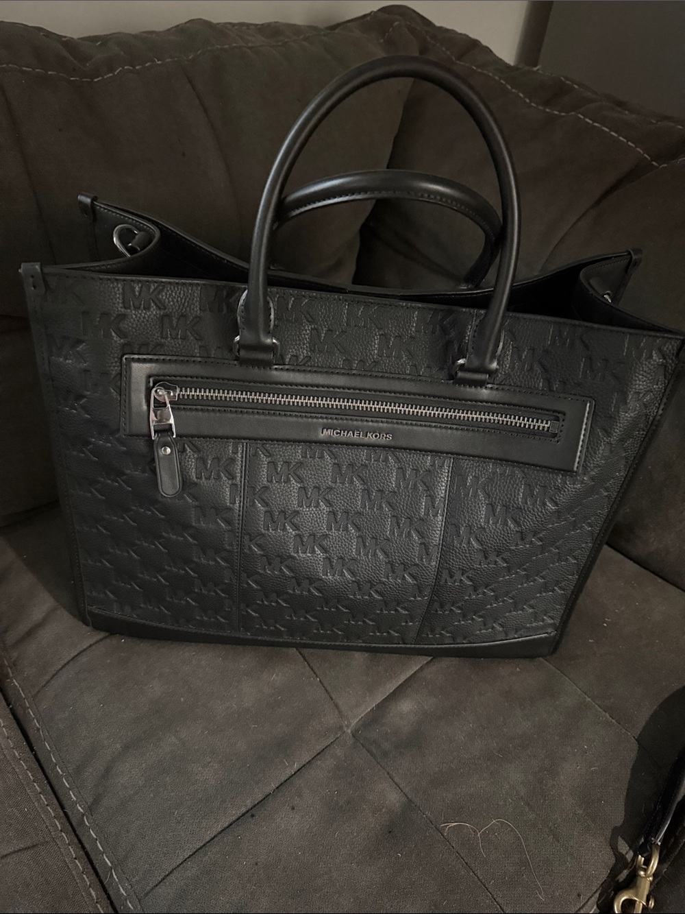 Michael Kors Black Embossed MK Logo Tote Bag with Front Zip